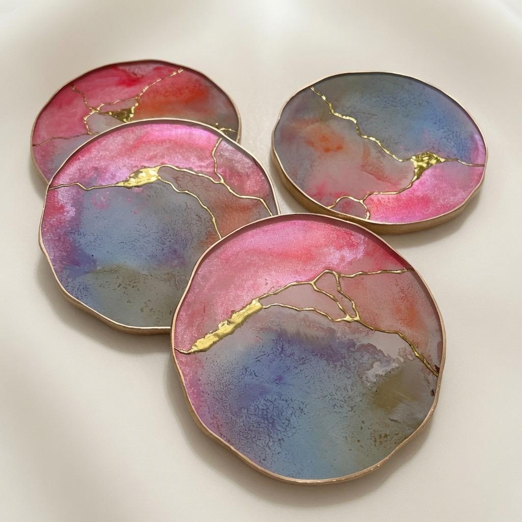 Kintsugi Gold Leaf | Epoxy Resin Coaster Set | Gold Edge Barware | Pink & Blue