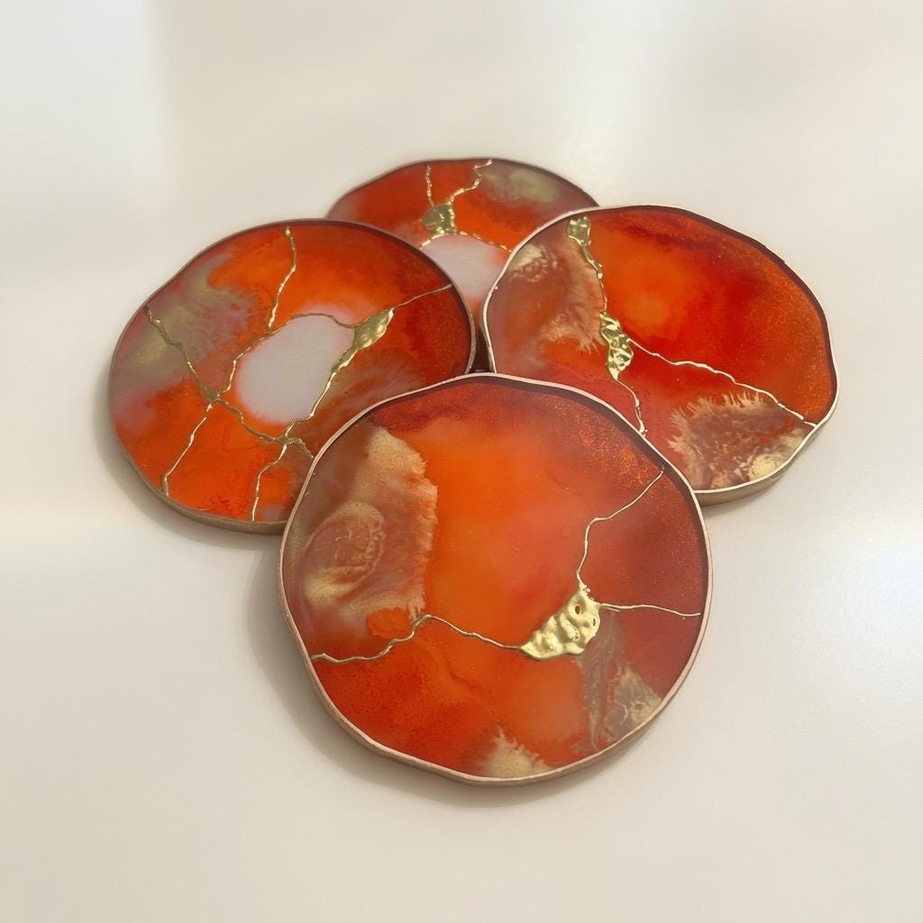 Kintsugi Gold Leaf | Epoxy Resin Coaster Set | Gold Edge Barware | Orange