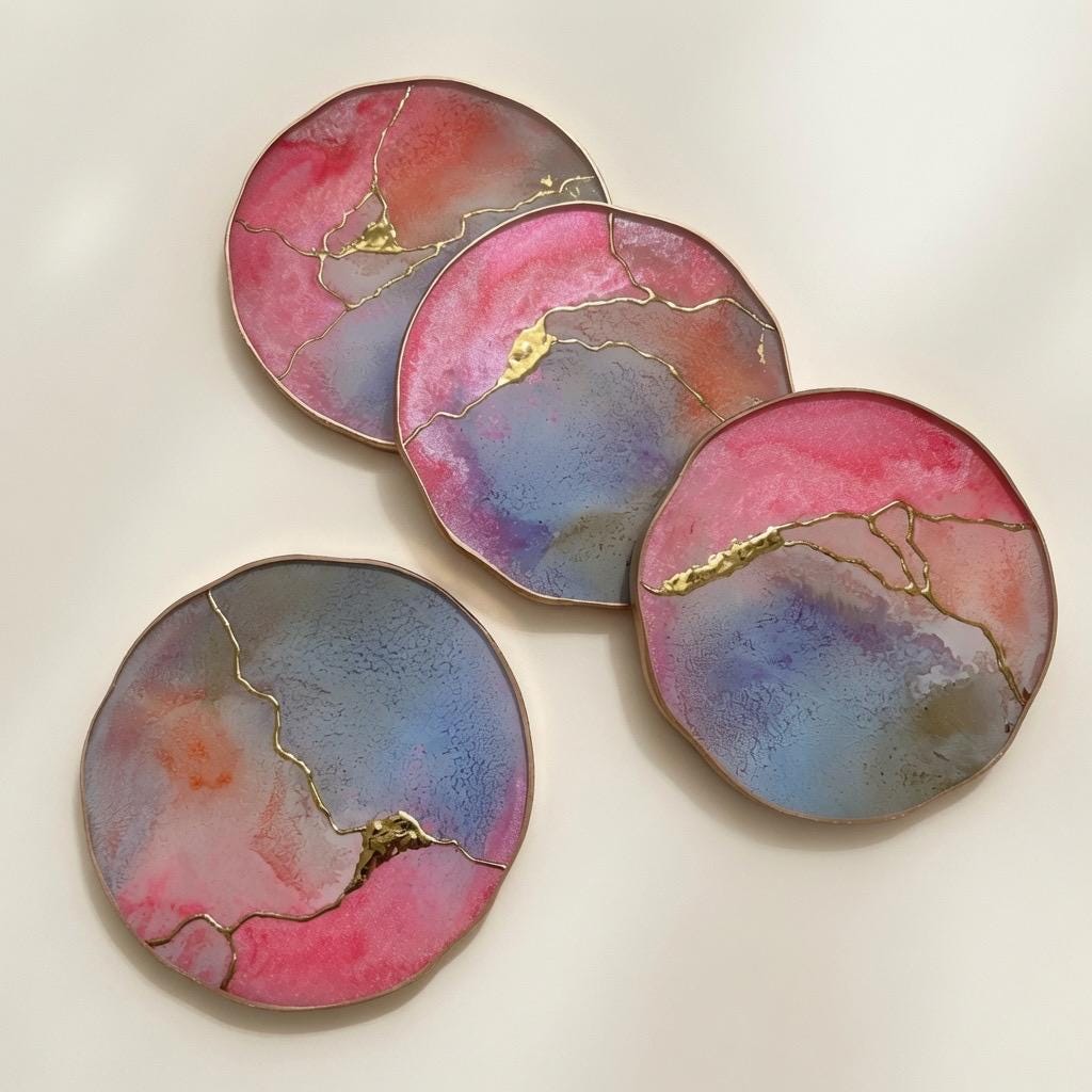 Kintsugi Gold Leaf | Epoxy Resin Coaster Set | Gold Edge Barware | Pink & Blue
