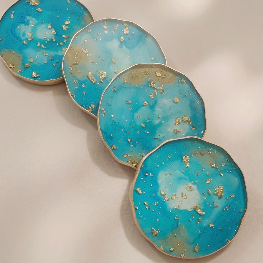 Turquoise and Gold Leaf - Gold Rim Drinkware - Epoxy Resin Coaster Set
