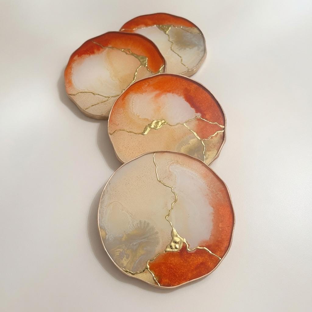 Kintsugi Gold Leaf | Epoxy Resin Coaster Set | Gold Edge Barware | Beige & Metallic Orange