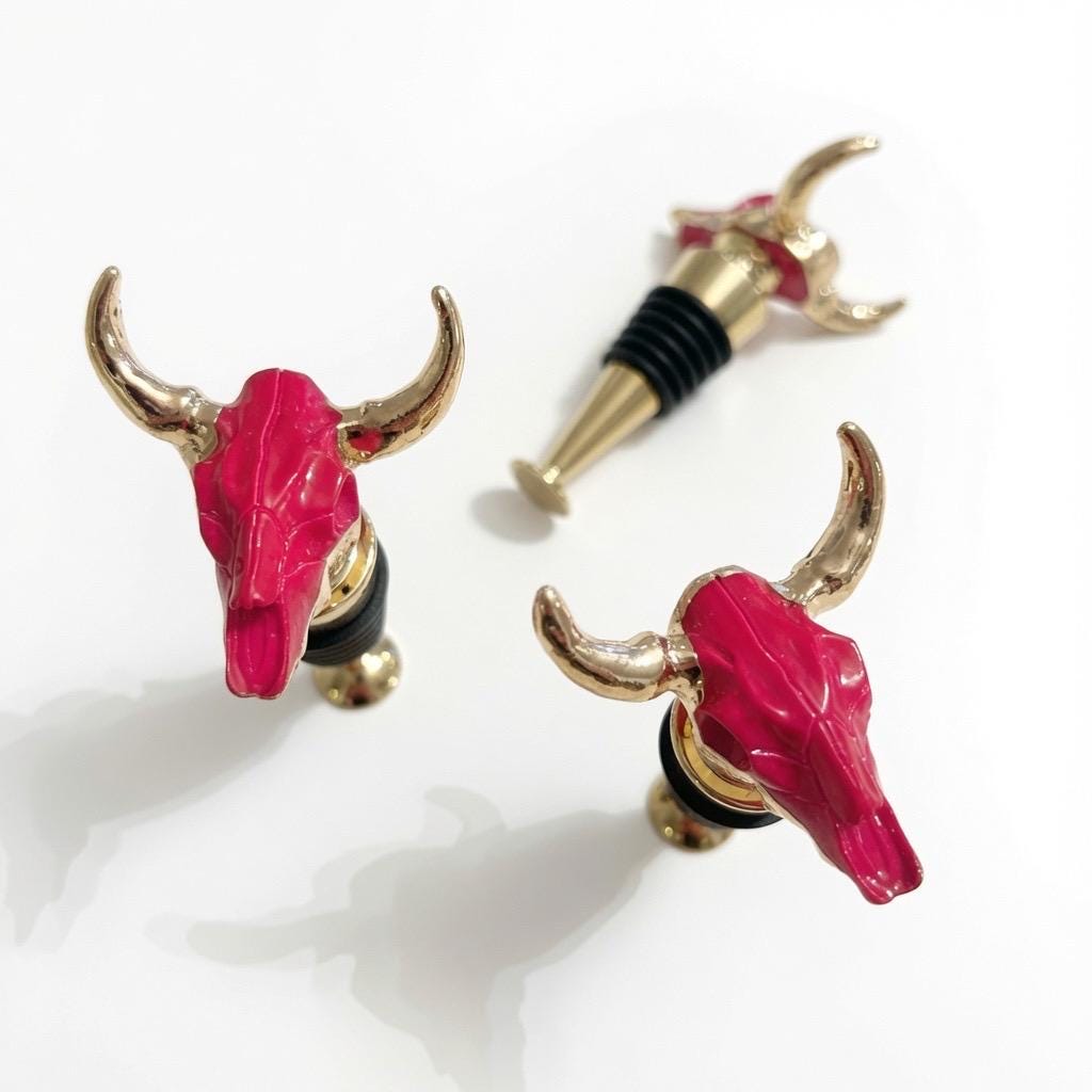 Longhorn Skull Wine Stopper | Pink | Gold Horns, Chrome Stem | Rustic Western Farmhouse Barware