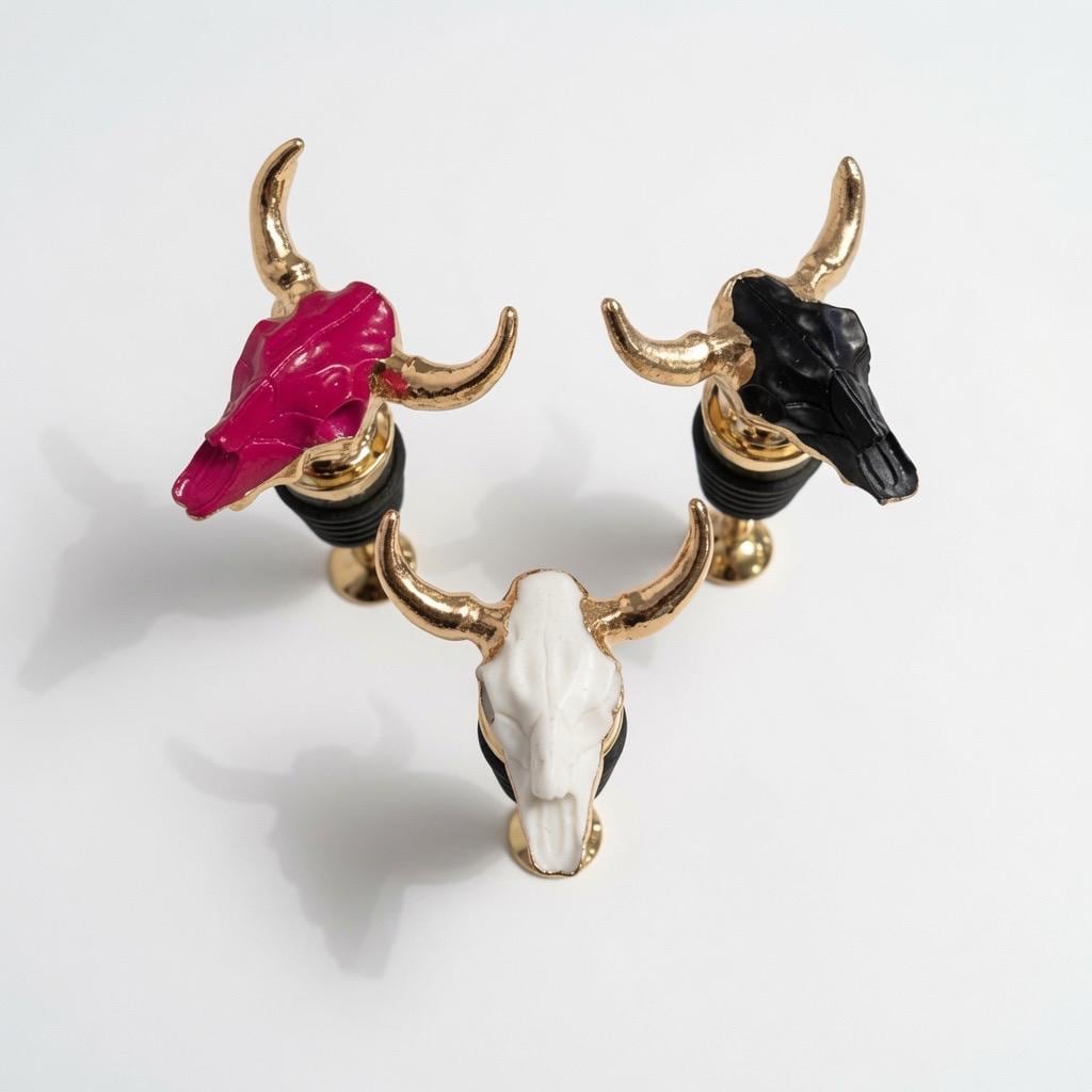 Longhorn Skull Wine Stopper | Black | Gold Horns | Chrome Stem | Rustic Western Farmhouse Barware