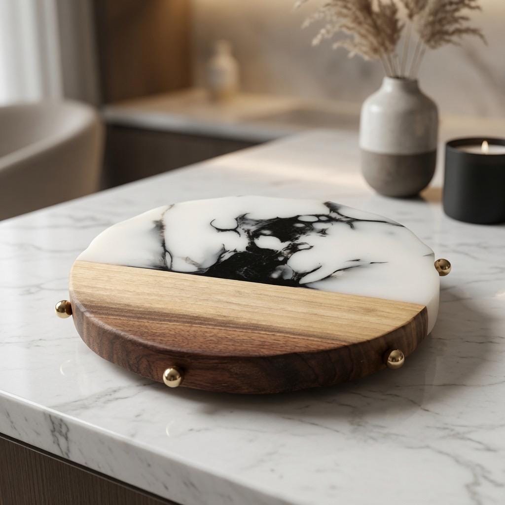 Handcrafted Black Walnut & Epoxy Resin Lazy Susan | Brass Accents |