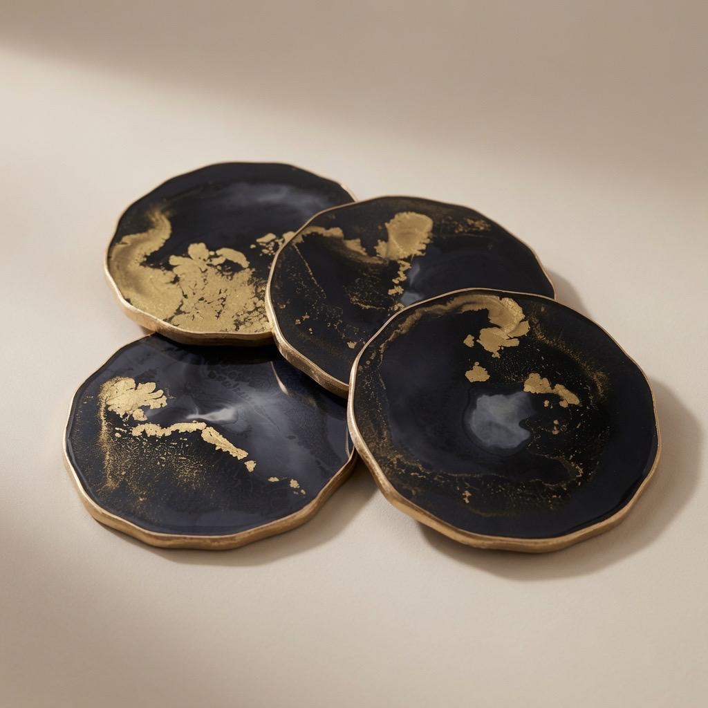 Black Gold Epoxy Resin Coasters | Gold Edge Drinkware | Modern Drinkware |