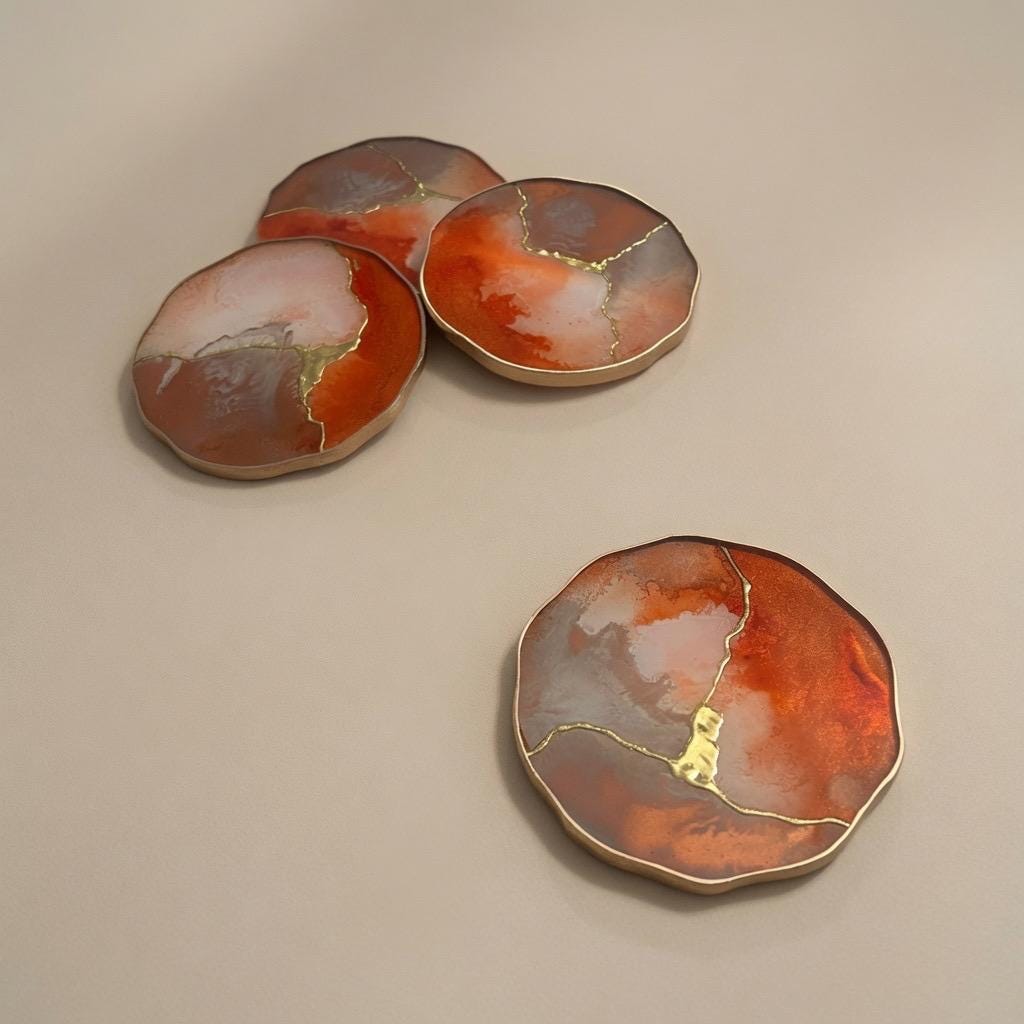 Kintsugi Gold Leaf | Epoxy Resin Coaster Set | Gold Edge Barware | Beige & Rust Red