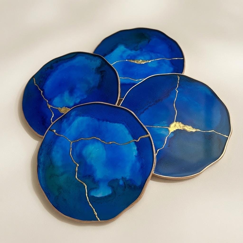 Kintsugi Gold Leaf | Epoxy Resin Coaster Set | Gold Edge Barware | Cobalt Blue