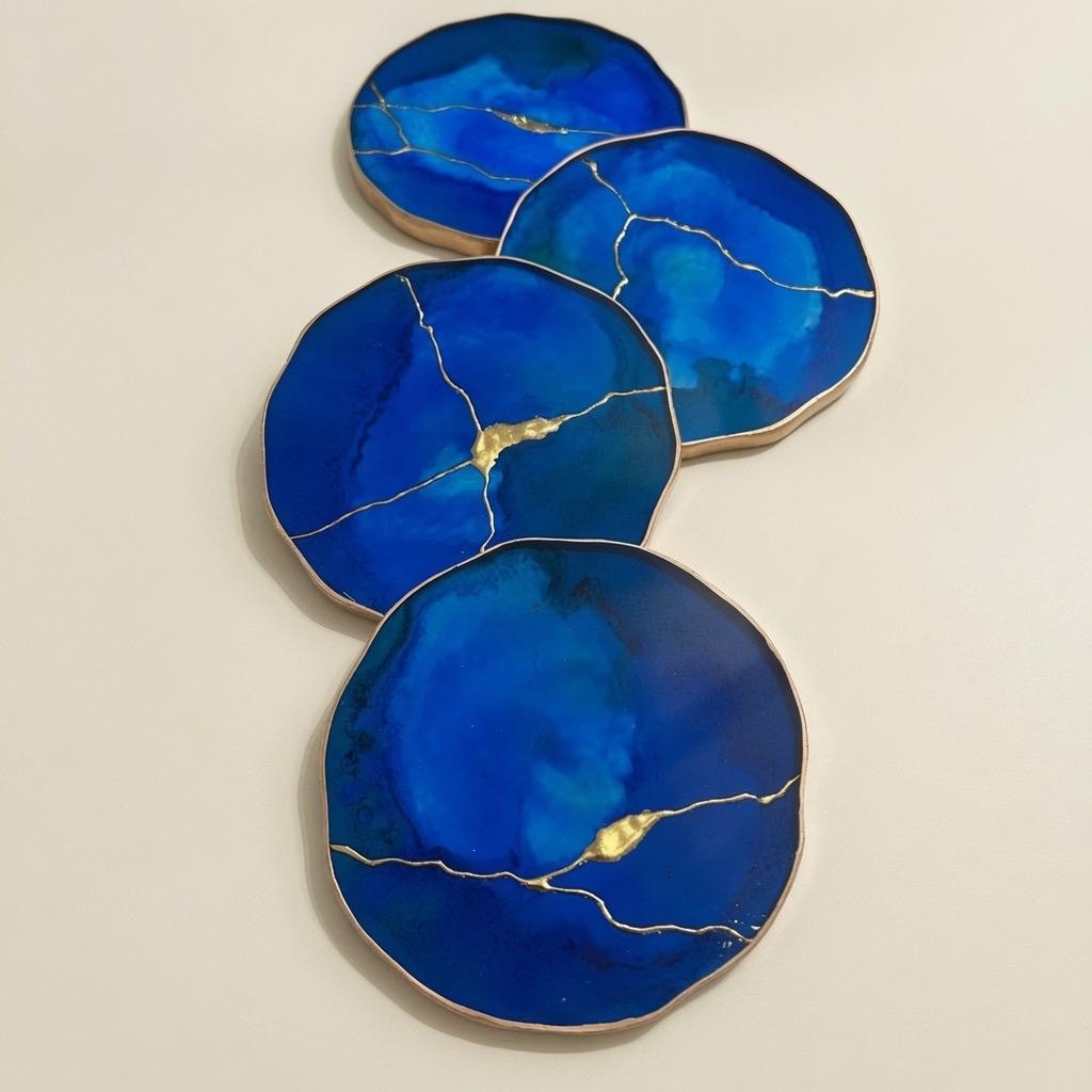 Kintsugi Gold Leaf | Epoxy Resin Coaster Set | Gold Edge Barware | Cobalt Blue