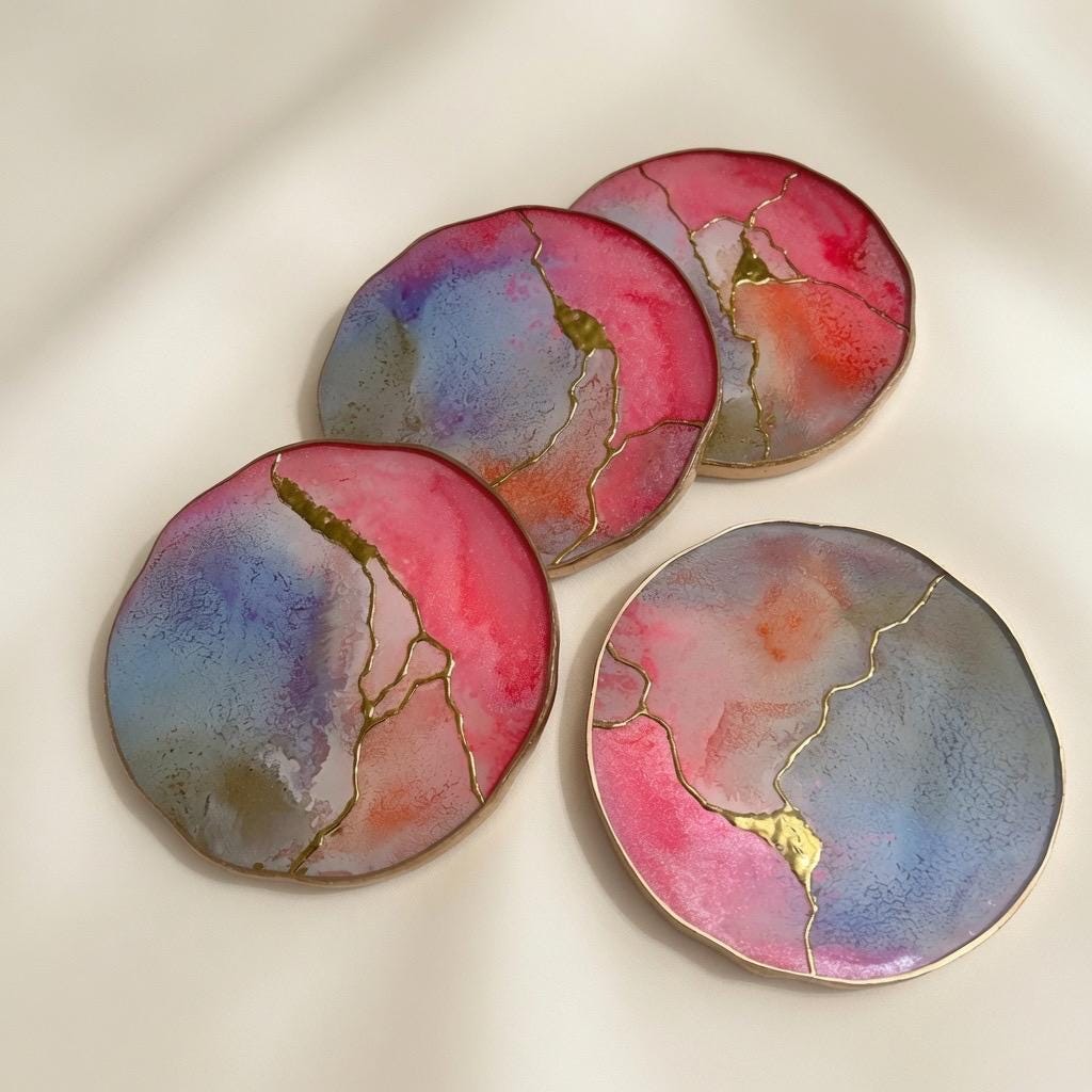 Kintsugi Gold Leaf | Epoxy Resin Coaster Set | Gold Edge Barware | Pink & Blue