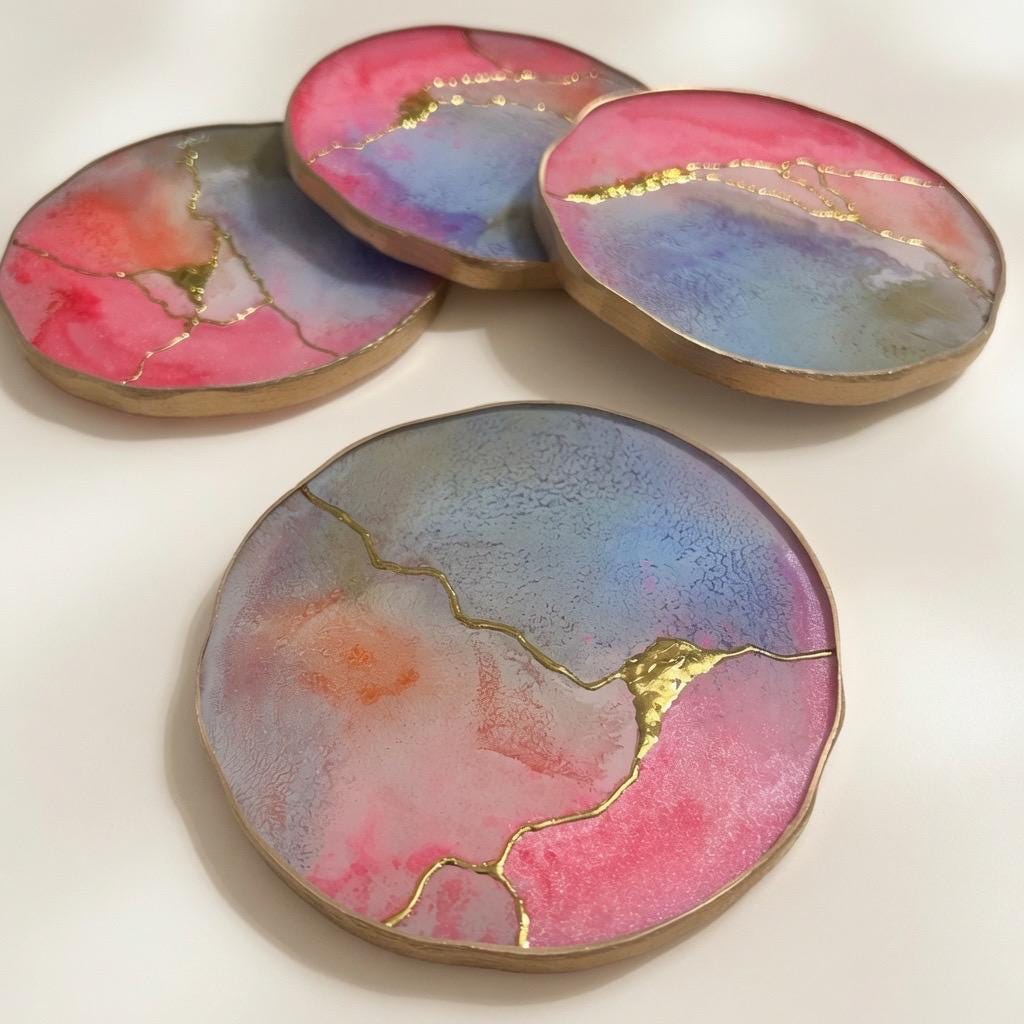 Kintsugi Gold Leaf | Epoxy Resin Coaster Set | Gold Edge Barware | Pink & Blue