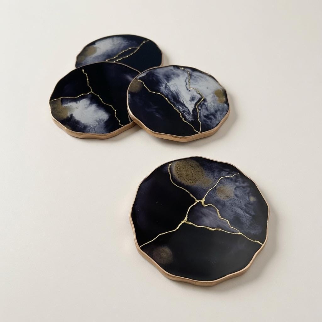 Kintsugi Gold Leaf | Epoxy Resin Coaster Set | Gold Edge Barware | Black & White