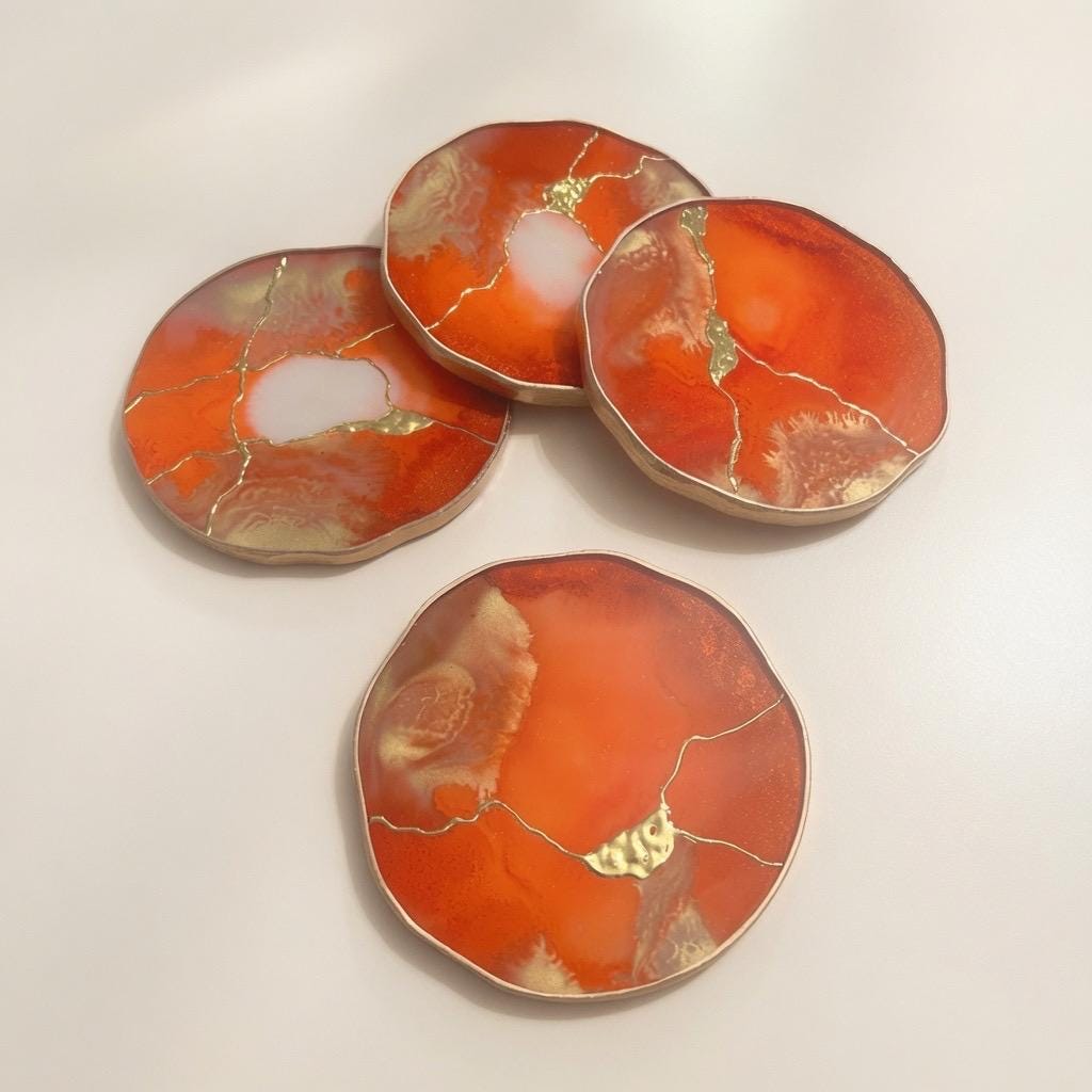 Kintsugi Gold Leaf | Epoxy Resin Coaster Set | Gold Edge Barware | Orange