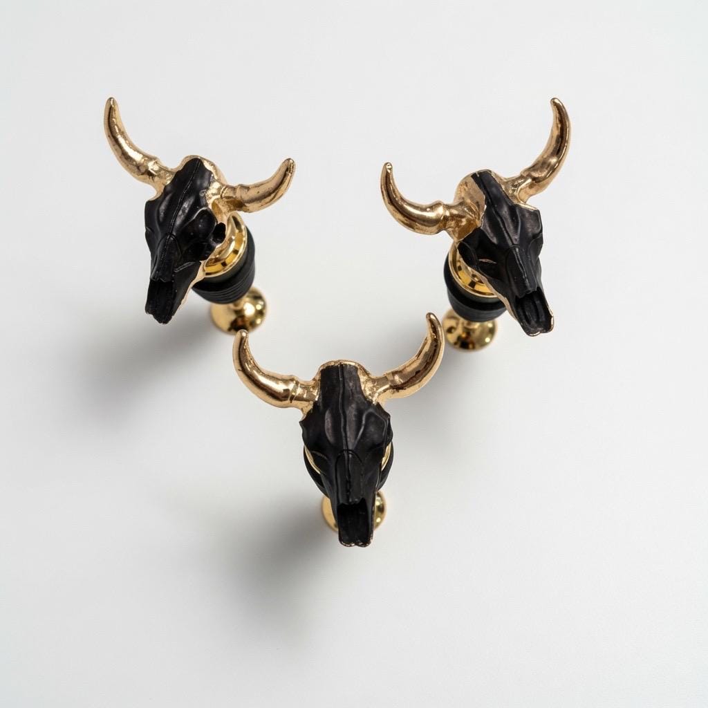 Longhorn Skull Wine Stopper | Black | Gold Horns | Chrome Stem | Rustic Western Farmhouse Barware