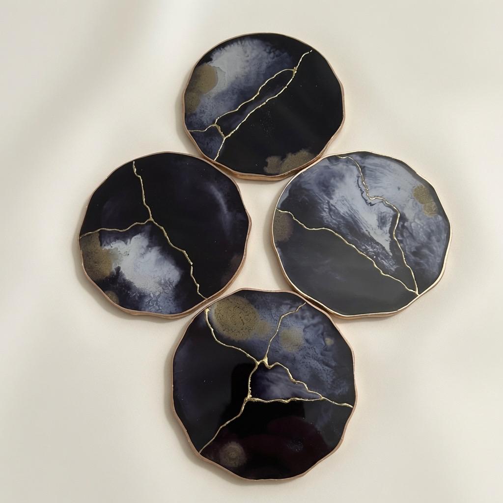 Kintsugi Gold Leaf | Epoxy Resin Coaster Set | Gold Edge Barware | Black & White