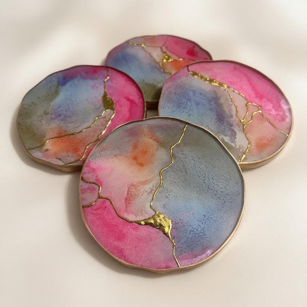 Kintsugi Gold Leaf | Epoxy Resin Coaster Set | Gold Edge Barware | Pink & Blue