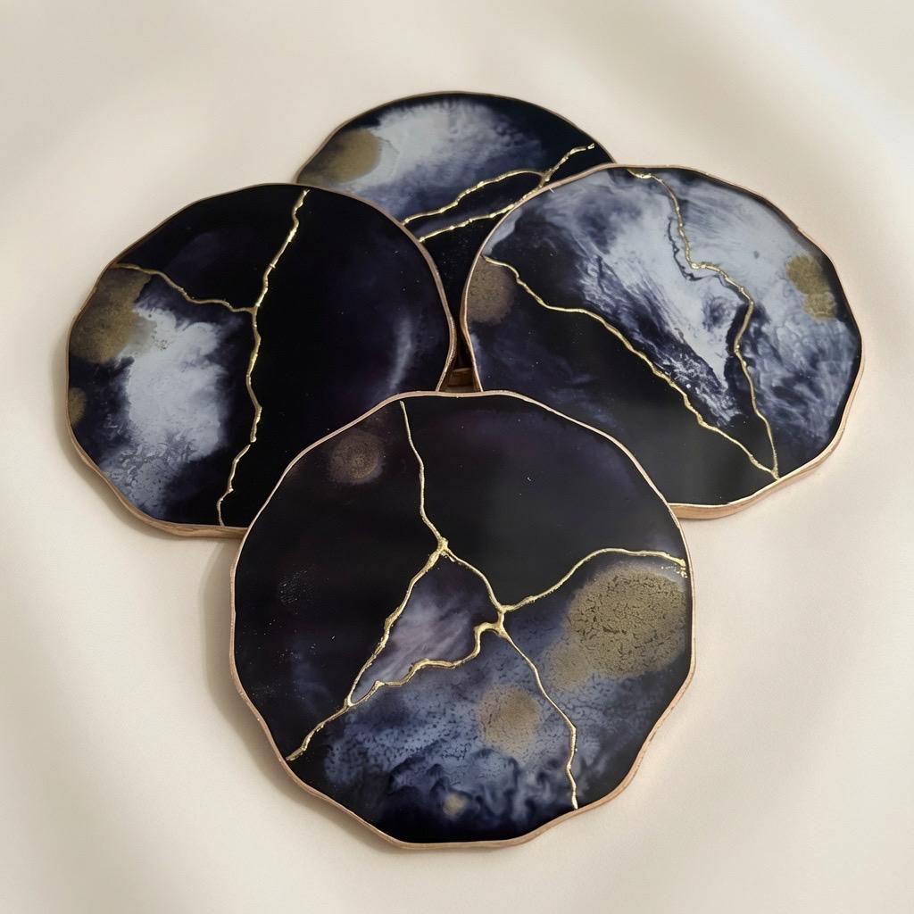 Kintsugi Gold Leaf | Epoxy Resin Coaster Set | Gold Edge Barware | Black & White