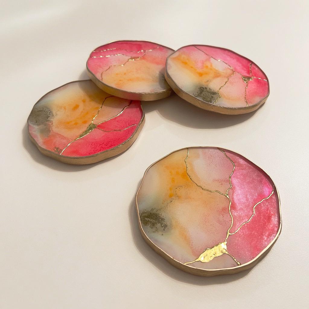 Kintsugi Gold Leaf | Epoxy Resin Coaster Set | Gold Edge Barware | Pink Quartz & Tangerine Orange