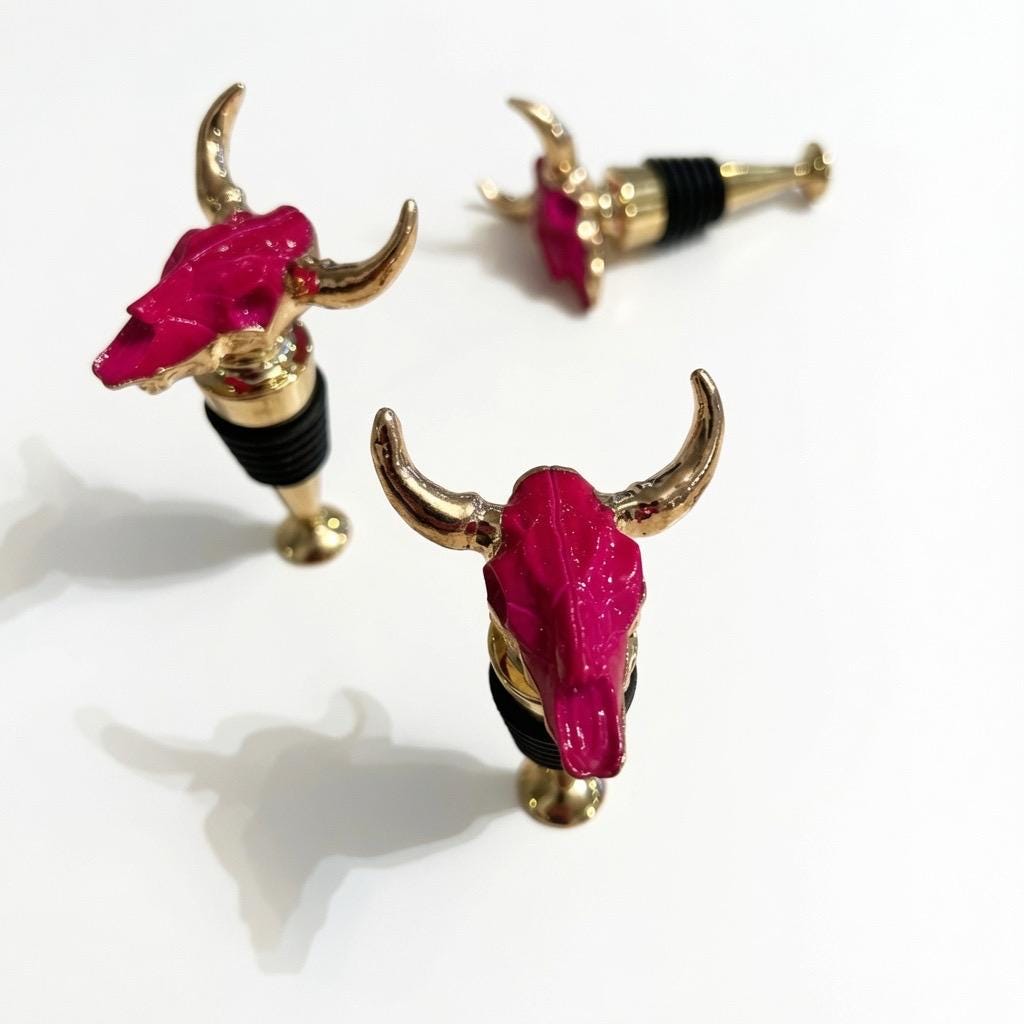 Longhorn Skull Wine Stopper | Pink | Gold Horns, Chrome Stem | Rustic Western Farmhouse Barware