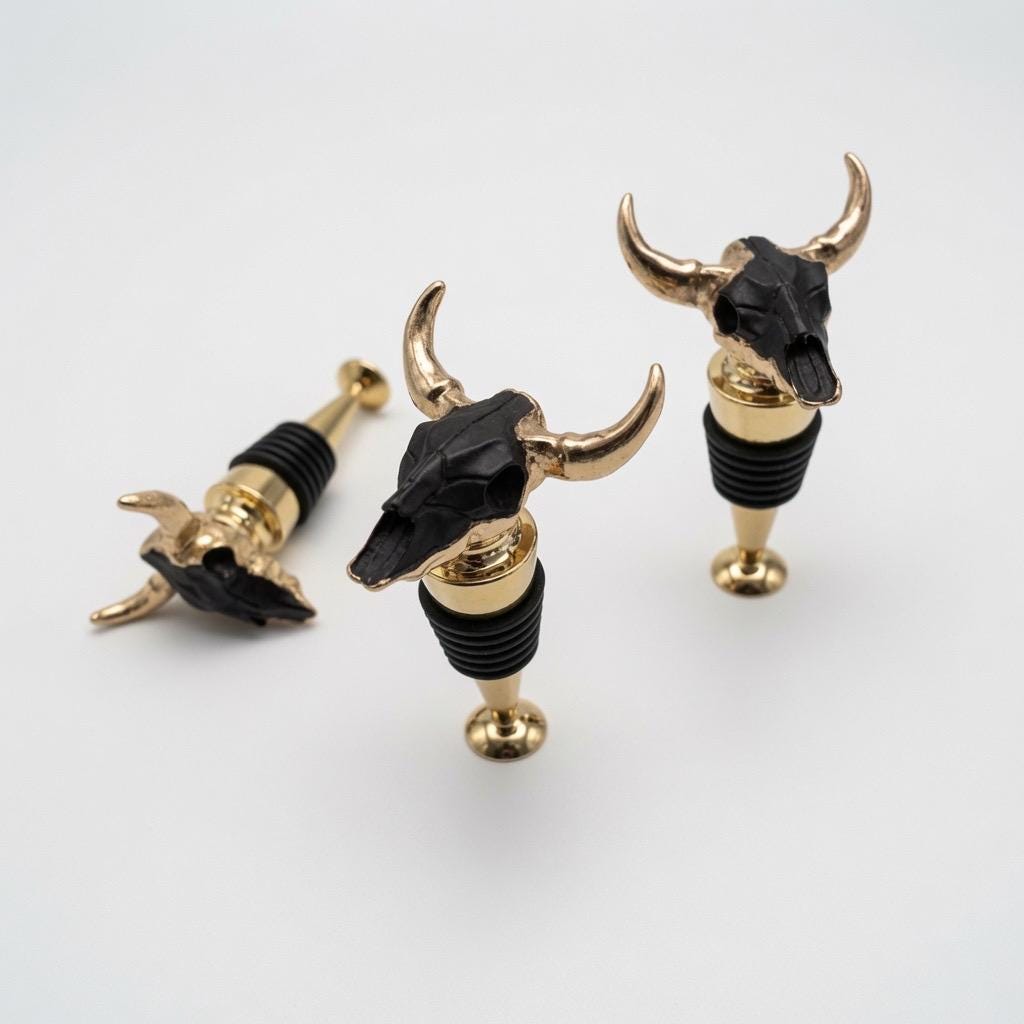 Longhorn Skull Wine Stopper | Black | Gold Horns | Chrome Stem | Rustic Western Farmhouse Barware