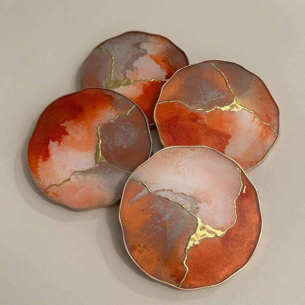 Kintsugi Gold Leaf | Epoxy Resin Coaster Set | Gold Edge Barware | Beige & Rust Red