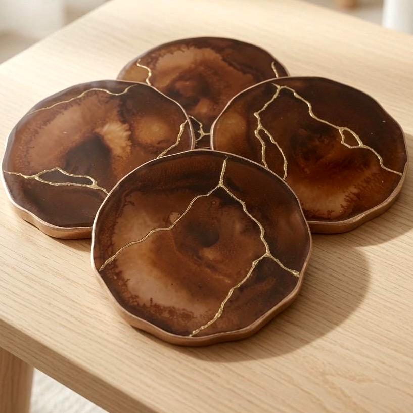 Kintsugi Gold Leaf | Epoxy Resin Coaster Set | Gold Edge Barware | Coffee Brown