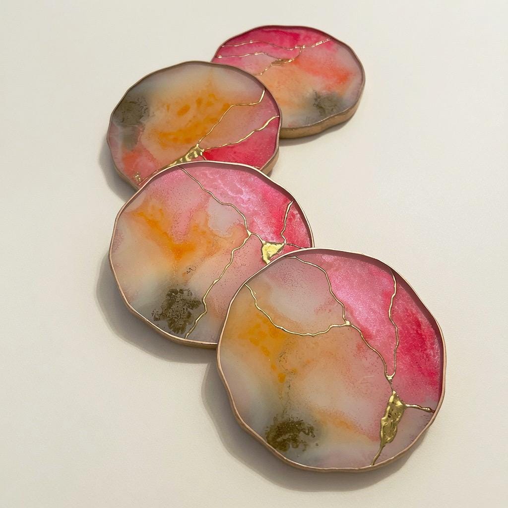 Kintsugi Gold Leaf | Epoxy Resin Coaster Set | Gold Edge Barware | Pink Quartz & Tangerine Orange