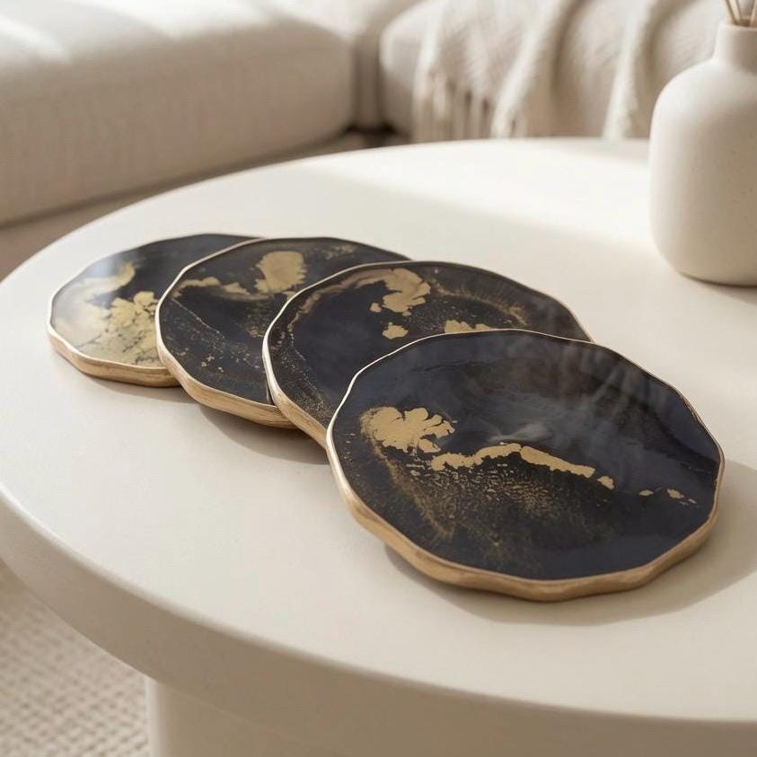 Black Gold Epoxy Resin Coasters | Gold Edge Drinkware | Modern Drinkware |