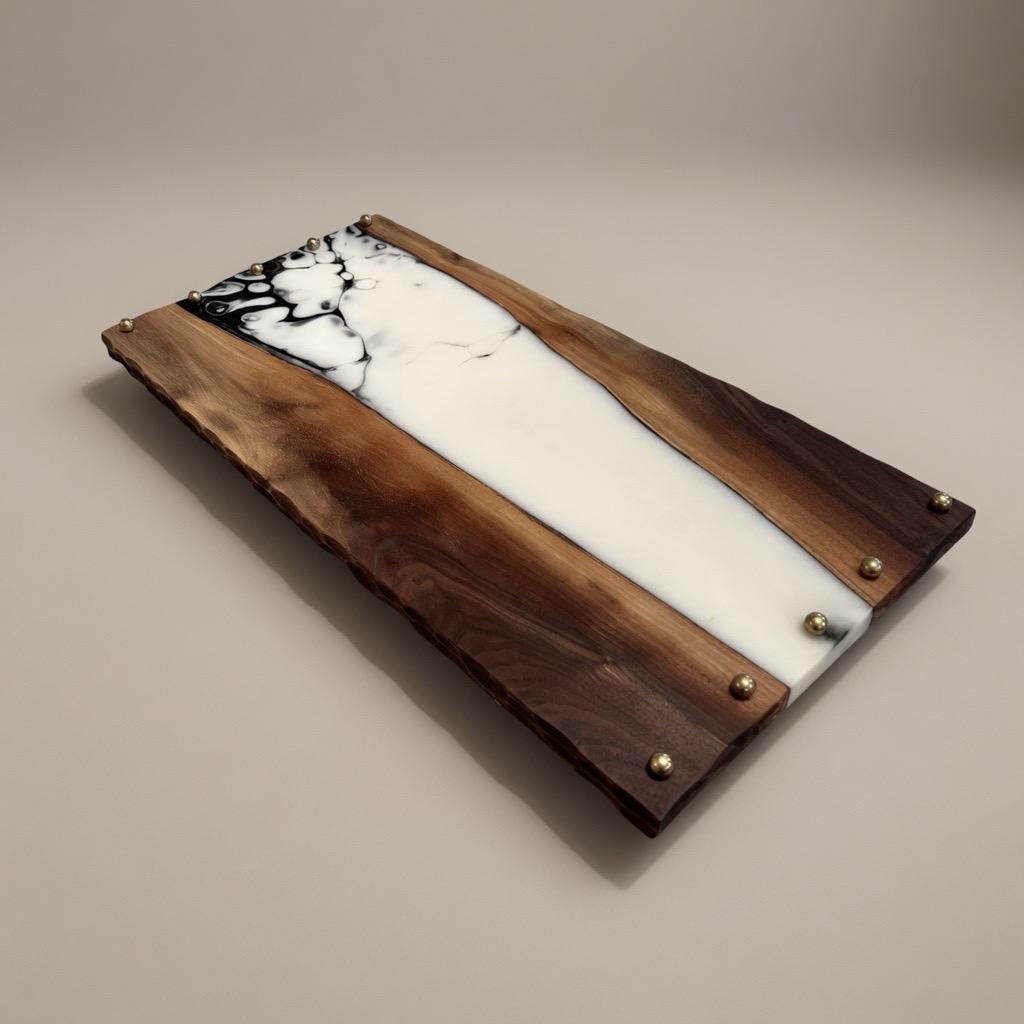 Black Walnut & Epoxy Resin Tray | Black White Marble | Gold Accents |