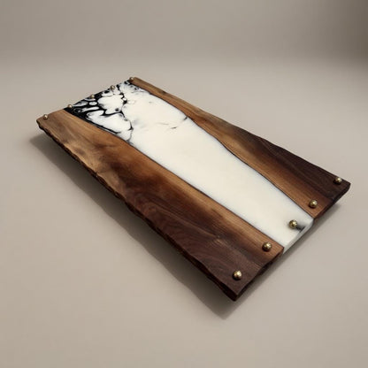 12x24 black walnut epoxy river serving tray with gold marble accents