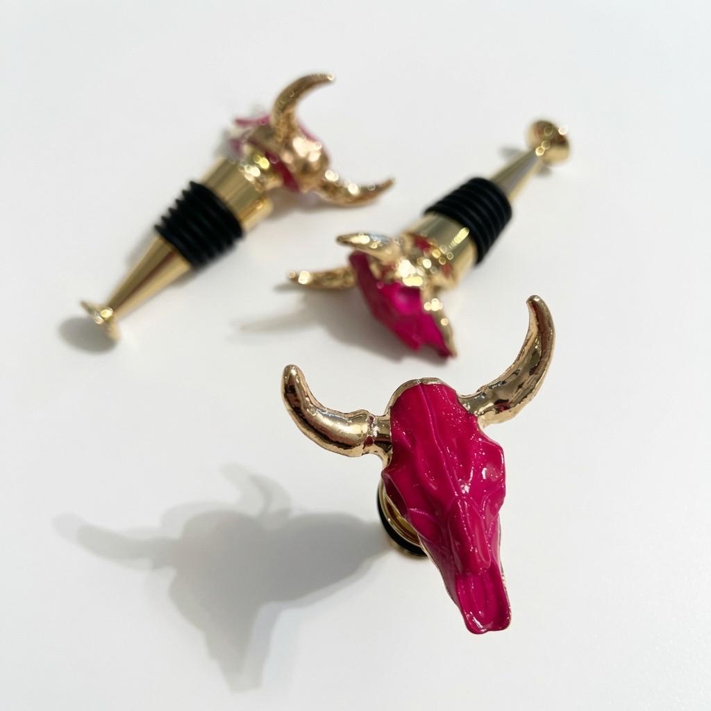 Longhorn Skull Wine Stopper | Pink | Gold Horns, Chrome Stem | Rustic Western Farmhouse Barware