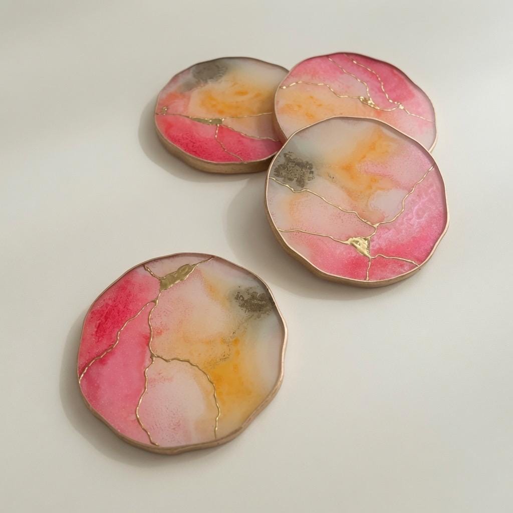 Kintsugi Gold Leaf | Epoxy Resin Coaster Set | Gold Edge Barware | Pink Quartz & Tangerine Orange