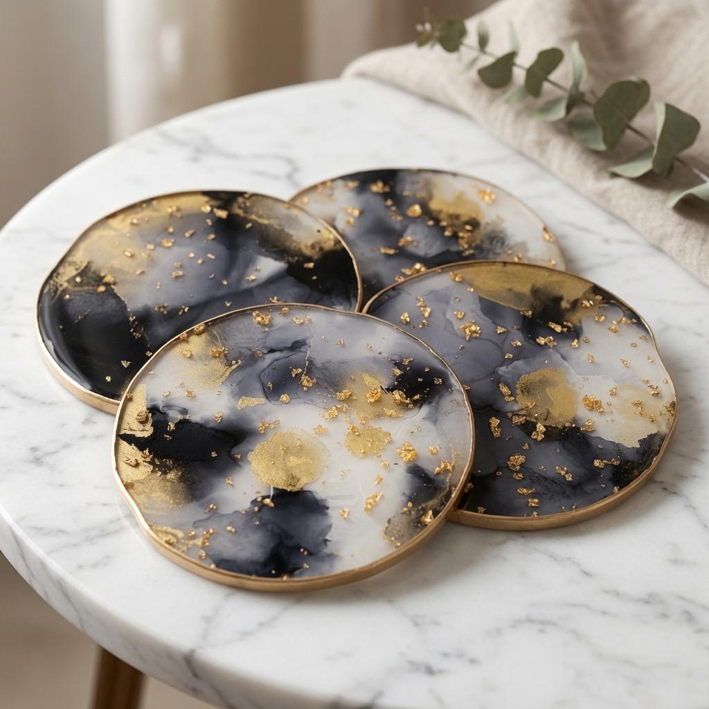 Black & White Gold Leaf | Epoxy Resin Coaster Set | Rustic Farmhouse Drinkware |