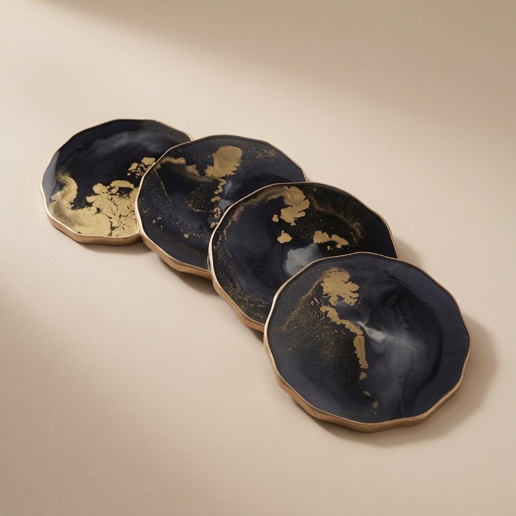 Black Gold Epoxy Resin Coasters | Gold Edge Drinkware | Modern Drinkware |