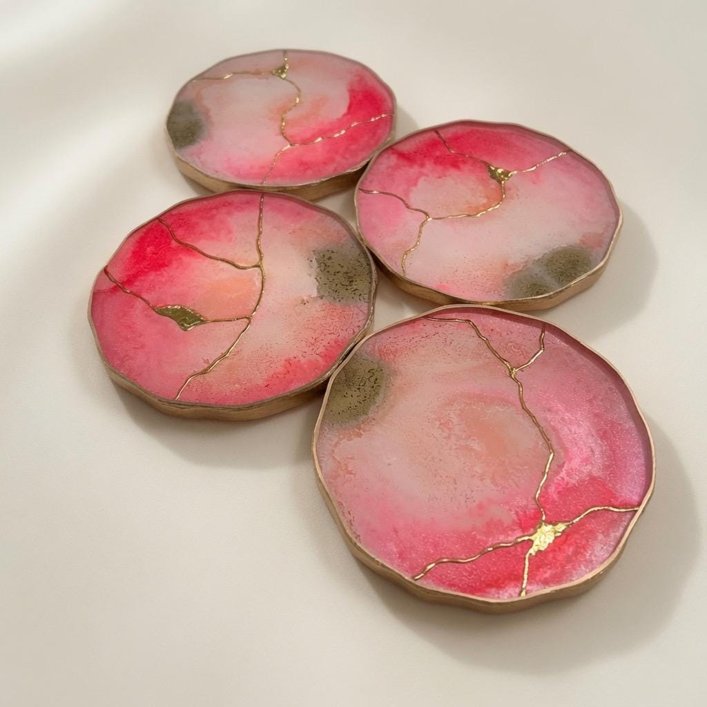 Kintsugi Gold Leaf | Epoxy Resin Coaster Set | Gold Edge Barware | Pink Quartz