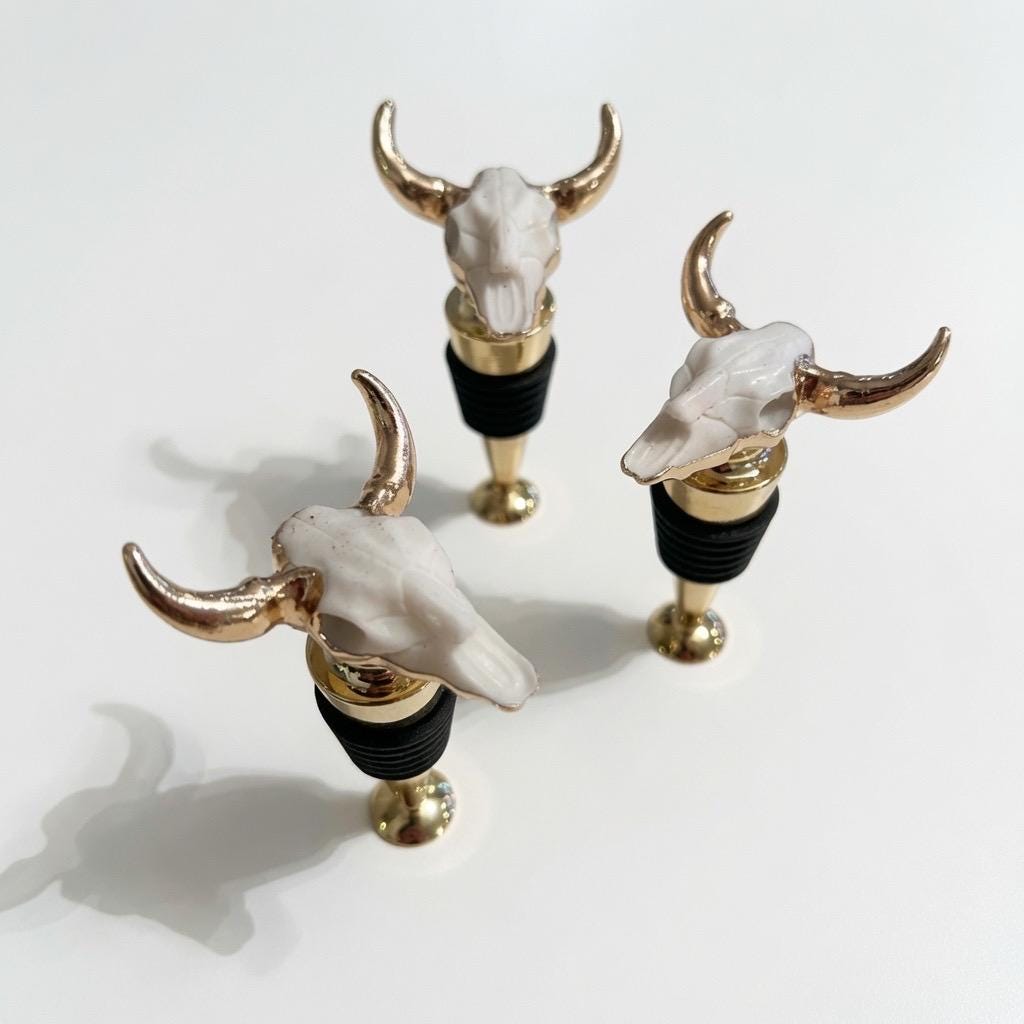 Longhorn Skull Wine Stopper | White | Gold Horns | Chrome Stem | Rustic Western Farmhouse Barware