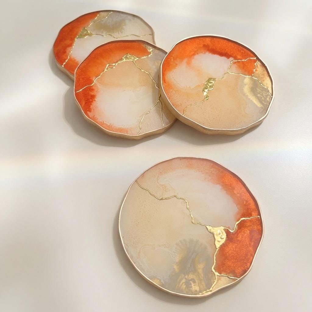Kintsugi Gold Leaf | Epoxy Resin Coaster Set | Gold Edge Barware | Beige & Metallic Orange