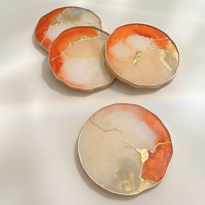 Beige & Orange Kintsugi Epoxy Resin Coasters