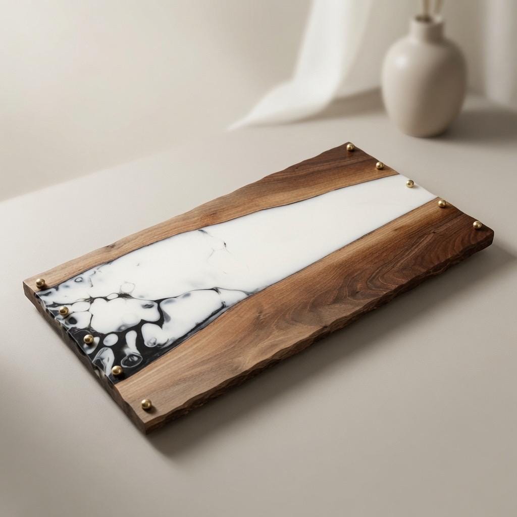 Black Walnut & Epoxy Resin Tray | Black White Marble | Gold Accents |