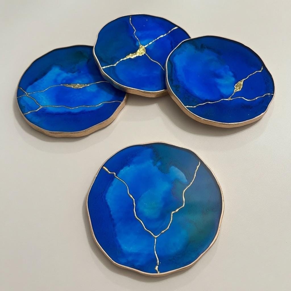 Kintsugi Gold Leaf | Epoxy Resin Coaster Set | Gold Edge Barware | Cobalt Blue