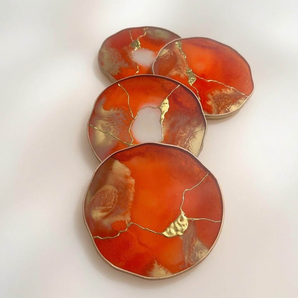 Kintsugi Gold Leaf | Epoxy Resin Coaster Set | Gold Edge Barware | Orange
