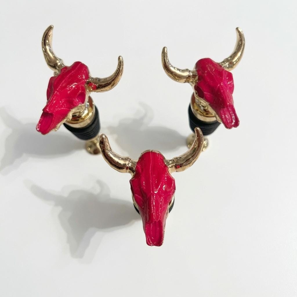 Longhorn Skull Wine Stopper | Pink | Gold Horns, Chrome Stem | Rustic Western Farmhouse Barware