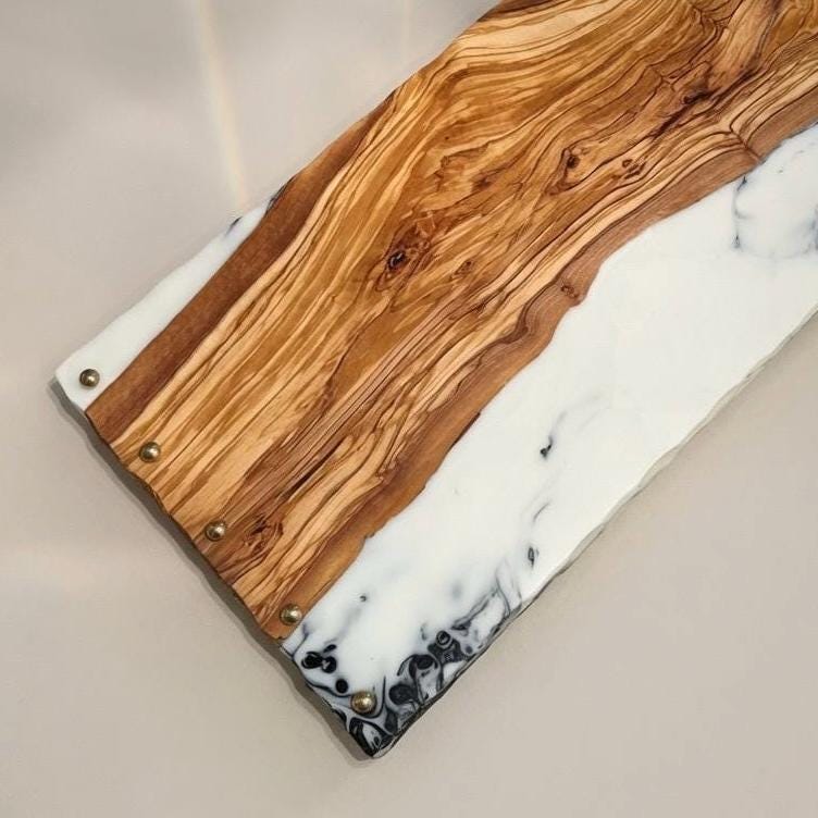 Italian Olive & Epoxy Resin Serving Tray | Charcuterie Board | Brass Accents |