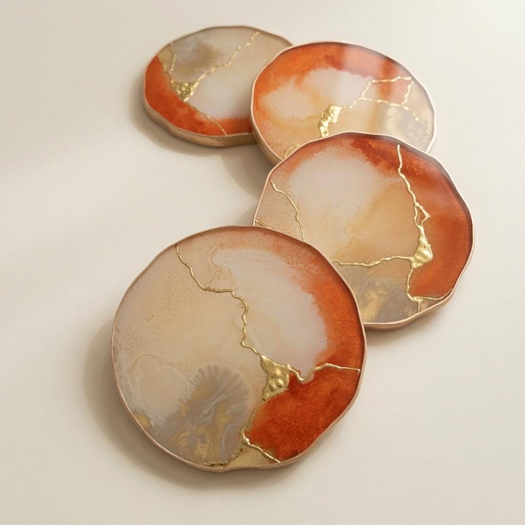 Kintsugi Gold Leaf | Epoxy Resin Coaster Set | Gold Edge Barware | Beige & Metallic Orange