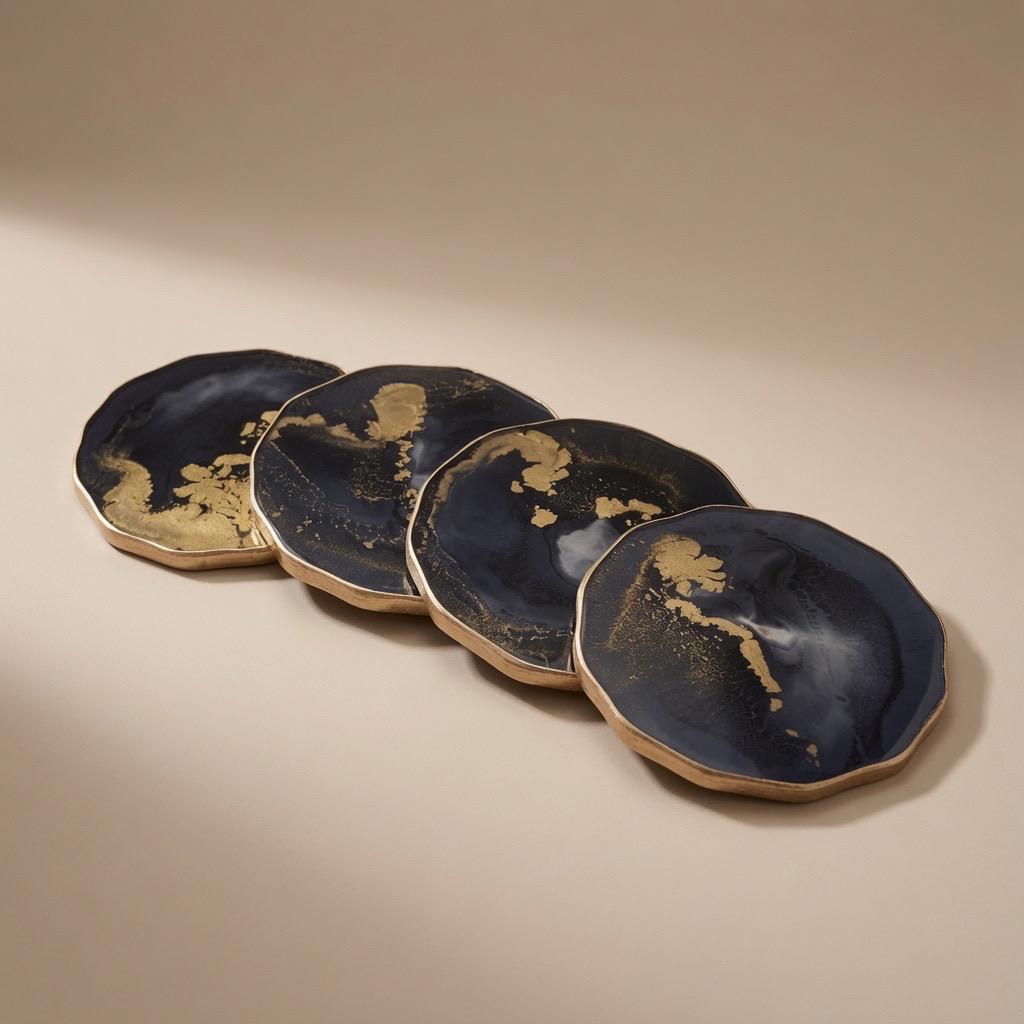 Black Gold Epoxy Resin Coasters | Gold Edge Drinkware | Modern Drinkware |