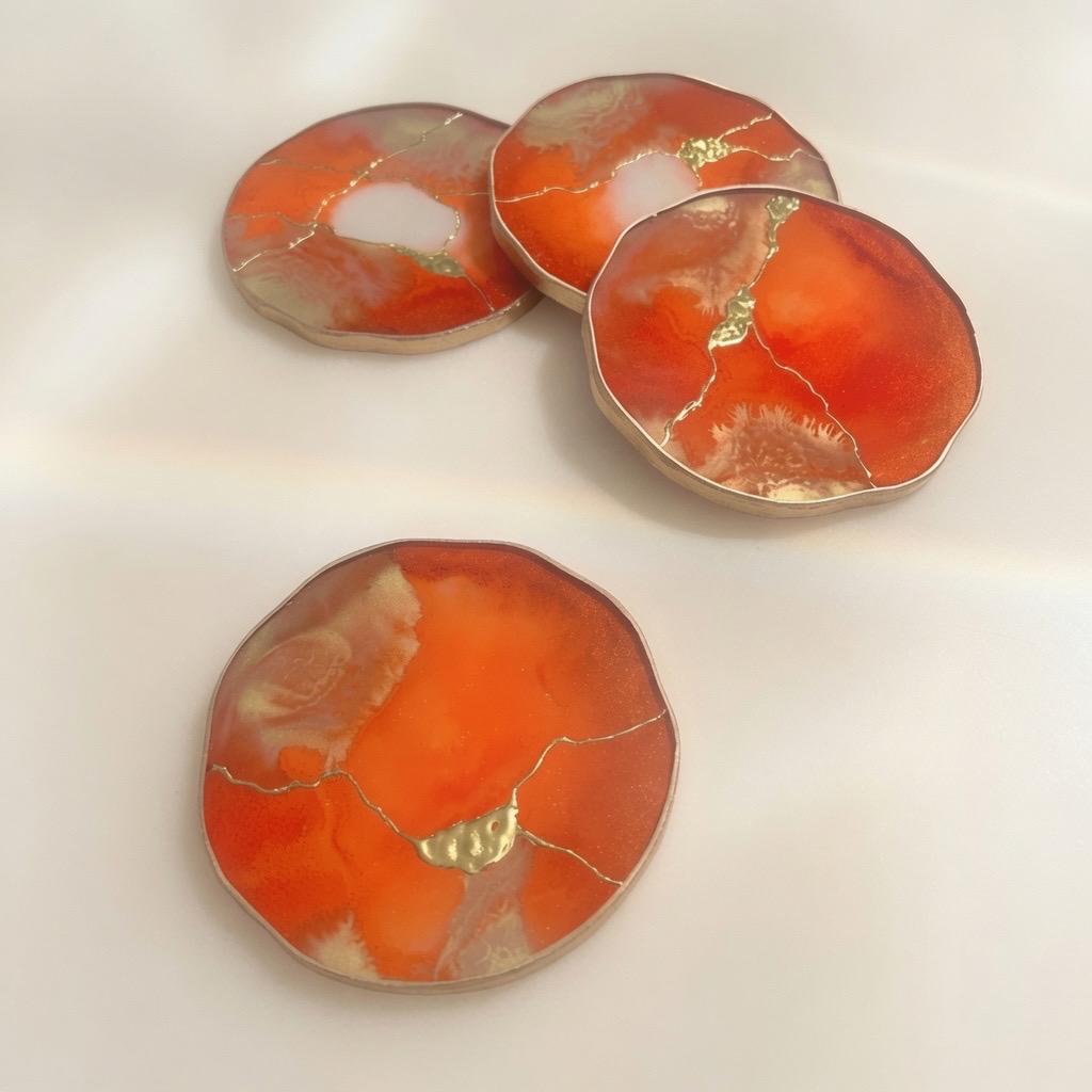 Kintsugi Gold Leaf | Epoxy Resin Coaster Set | Gold Edge Barware | Orange