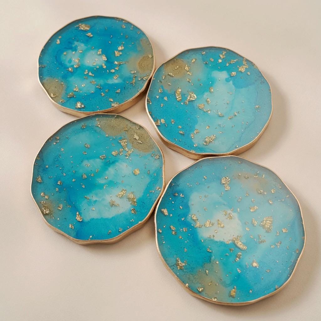 Turquoise and Gold Leaf - Gold Rim Drinkware - Epoxy Resin Coaster Set