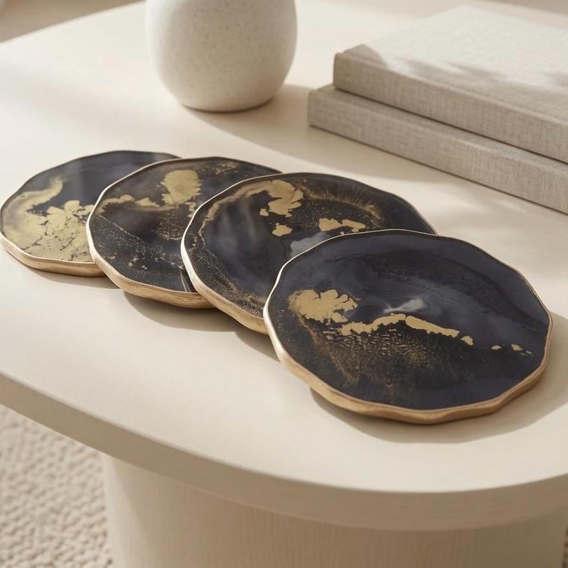 Black Gold Epoxy Resin Coasters | Gold Edge Drinkware | Modern Drinkware |