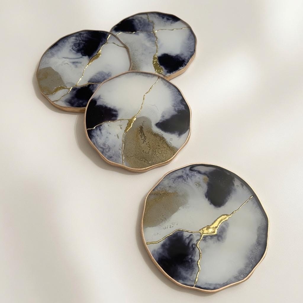 Kintsugi Gold Leaf | Epoxy Resin Coaster Set | Gold Edge Barware | Black & White