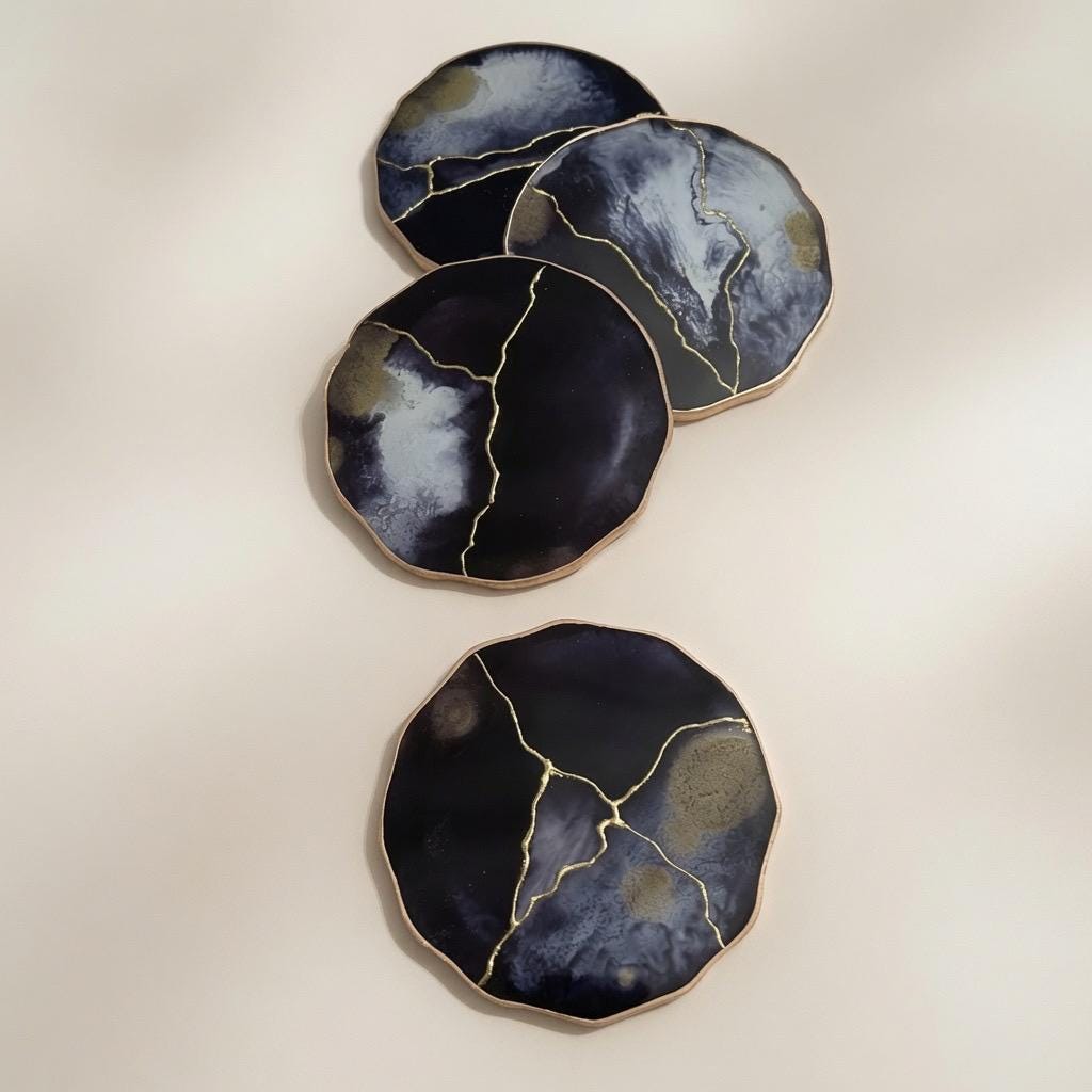 Kintsugi Gold Leaf | Epoxy Resin Coaster Set | Gold Edge Barware | Black & White