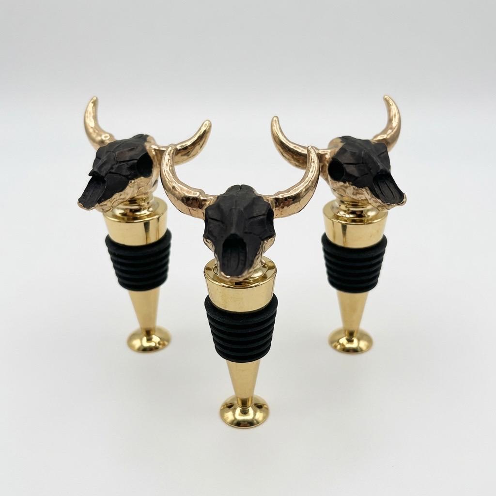 Longhorn Skull Wine Stopper | Black | Gold Horns | Chrome Stem | Rustic Western Farmhouse Barware